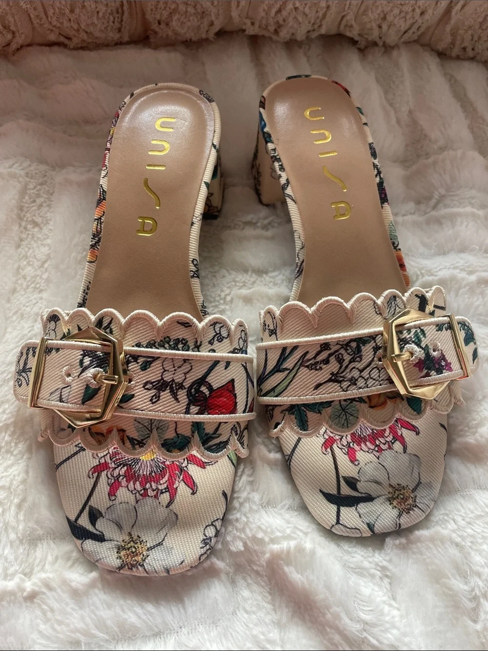 Unisa Cream Floral Buckle Scalloped Mules - Picture 1 of 4